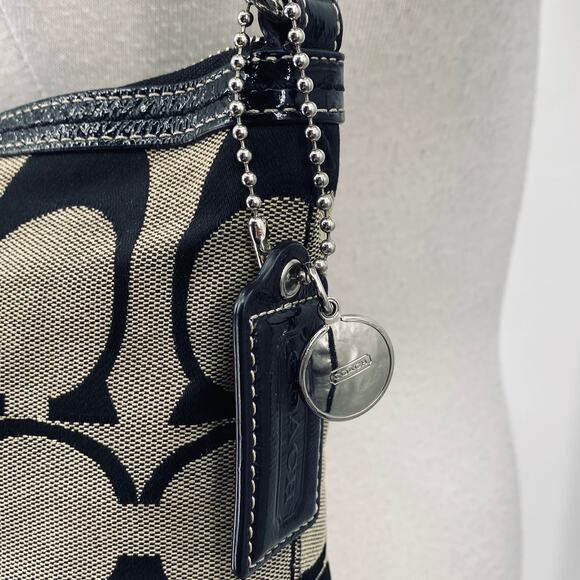 Vintage Y2k Coach Signature Stripe Logo Shoulder Bag Zip Top Canvas Black Gray - Picture 6 of 16